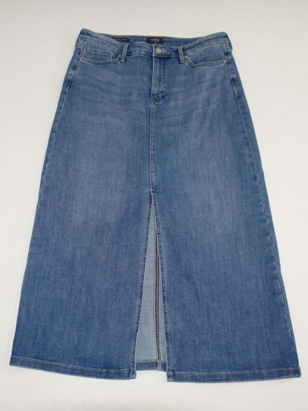NYDJ Women's High Rise Lift Tuck Maxi Skirt Size 8 Blue Front Slit A-Line Denim